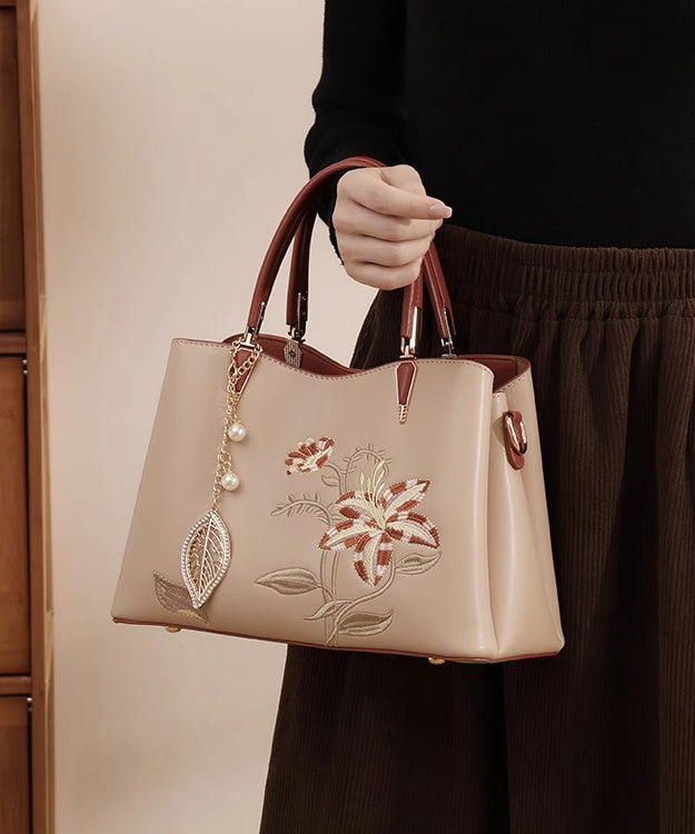 Leather Bag Apricot Embroidery Chic Tote Calf