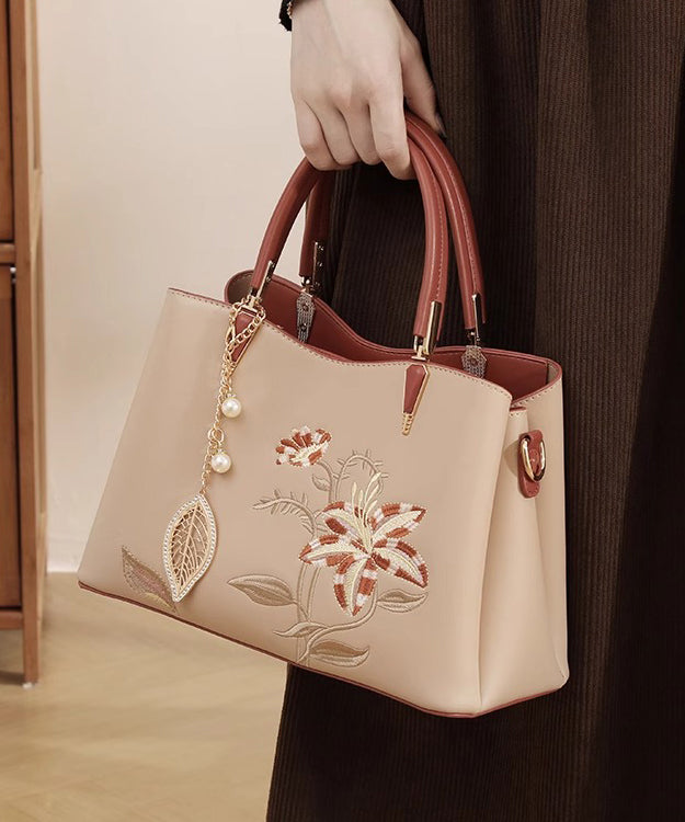 Leather Bag Apricot Embroidery Chic Tote Calf