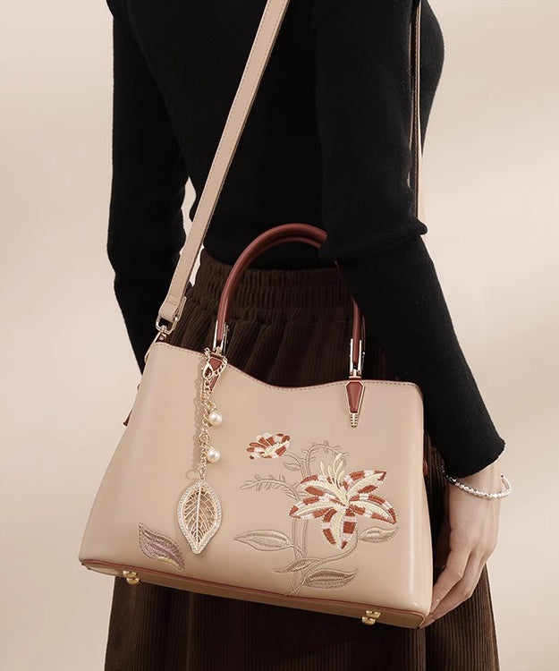 Leather Bag Apricot Embroidery Chic Tote Calf