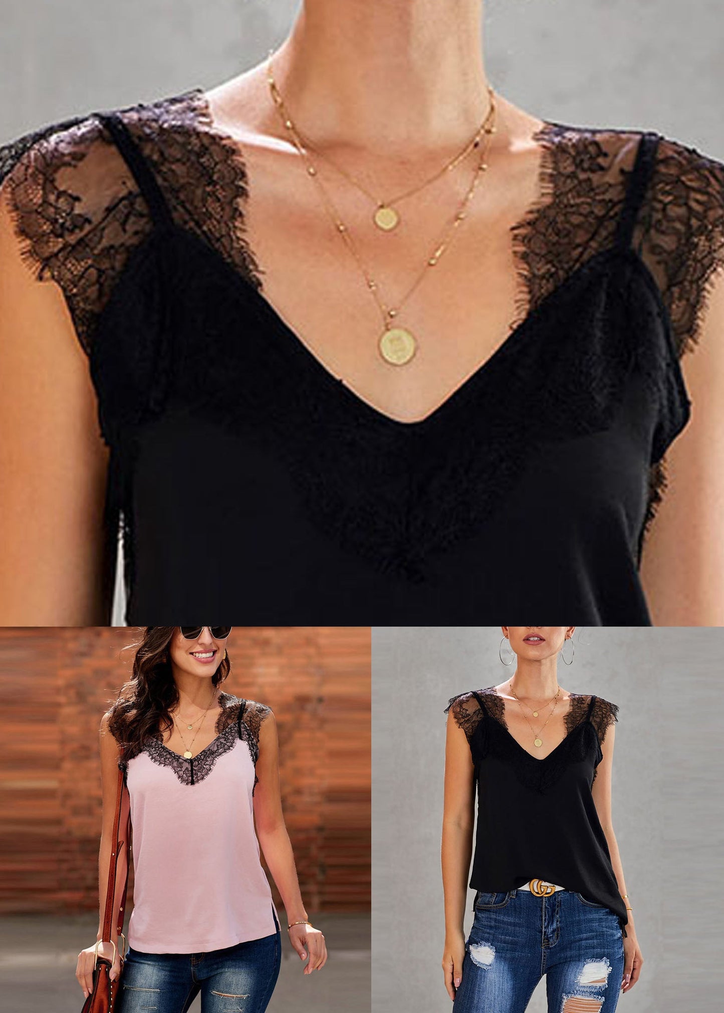 Black Summer Vests Lace Patchwork Chic