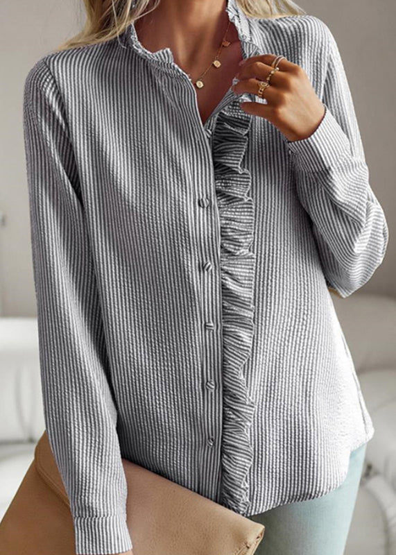 Collar Stand Ruffled Black Lantern Chic Shirts Sleeve