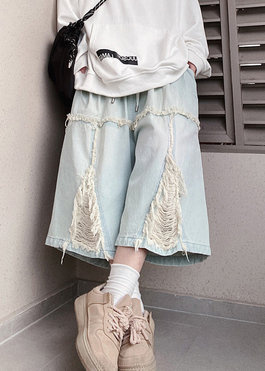 Men Summer Elastic Blue Denim Hole Waist Chic Shorts