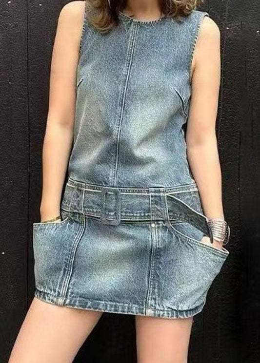 Dress Blue Mid Patchwork Sleeveless Chic Sashes O-Neck Denim
