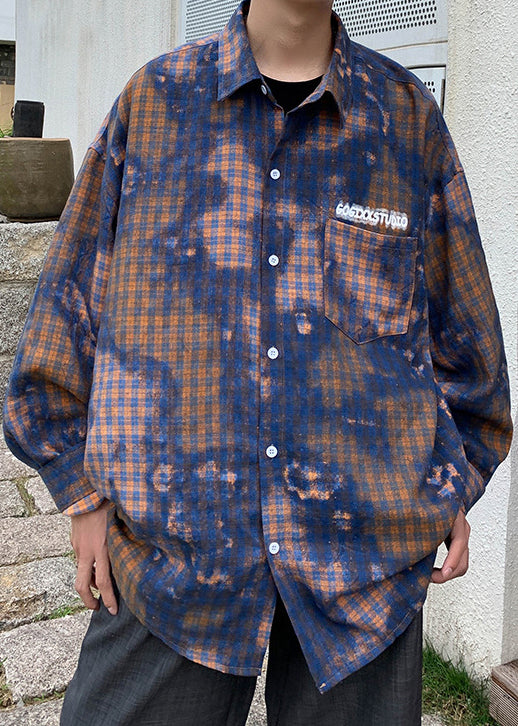 Green Tie Spring Shirts Men's Dye Oversized Chic Plaid Cotton