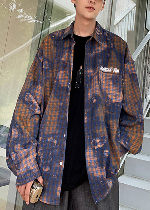 Green Tie Spring Shirts Men's Dye Oversized Chic Plaid Cotton