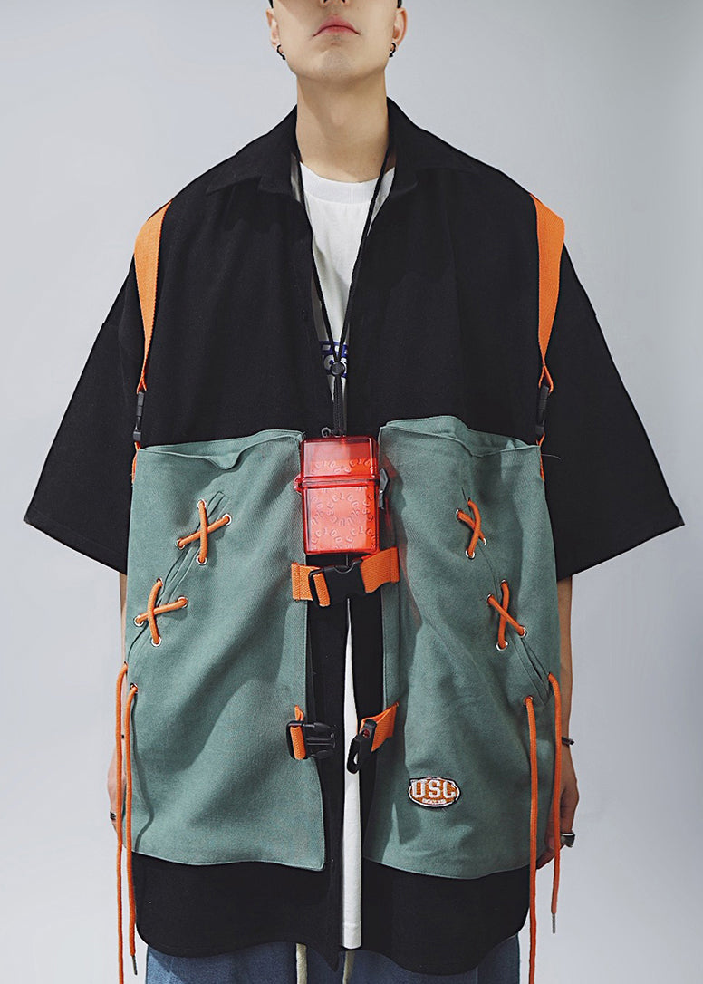 Sleeve Cotton Shirts Chic Up Khaki Lace T Half Patchwork Men