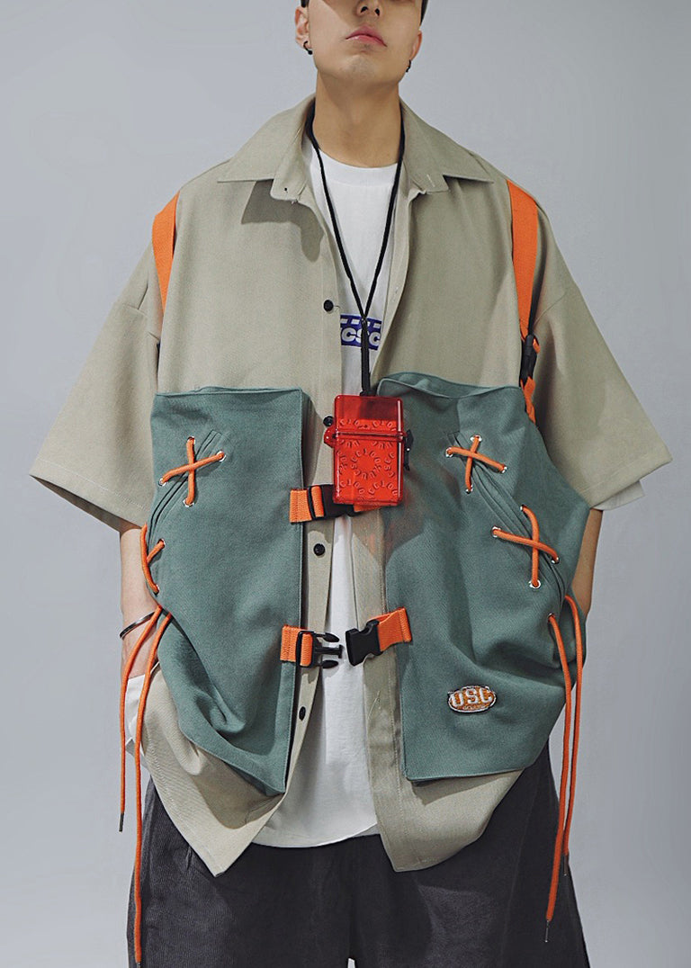 Sleeve Cotton Shirts Chic Up Khaki Lace T Half Patchwork Men