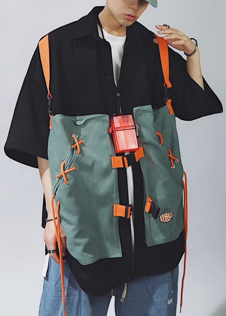 Sleeve Cotton Shirts Chic Up Khaki Lace T Half Patchwork Men