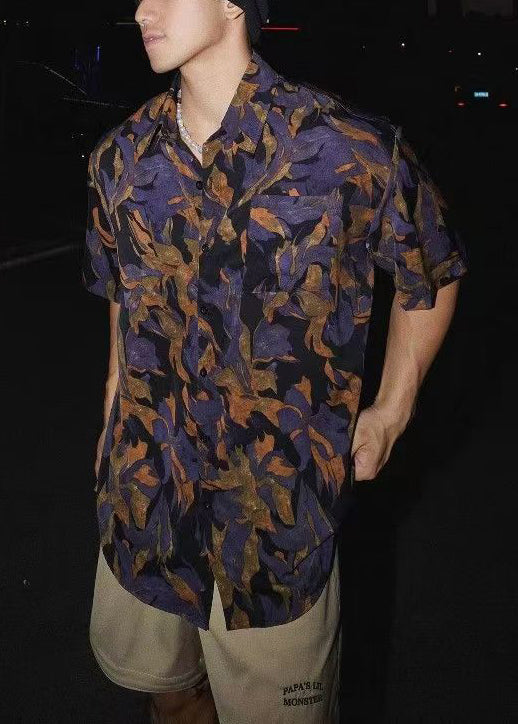 Men Summer Chic Peter Pan Shirt Collar Cotton Print