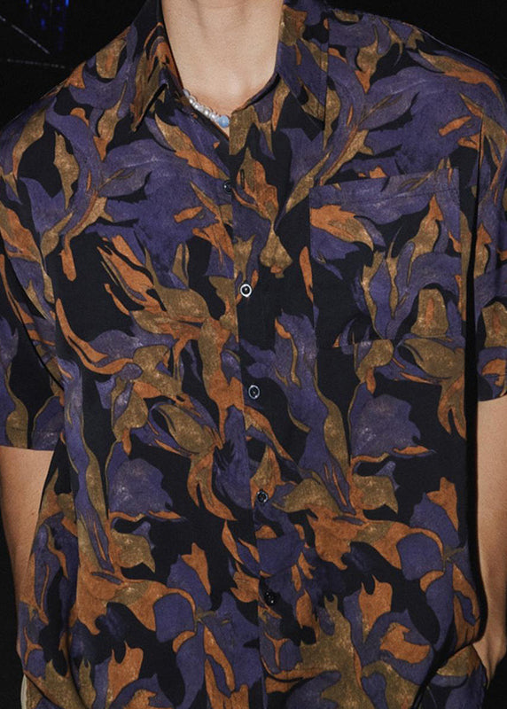 Men Summer Chic Peter Pan Shirt Collar Cotton Print