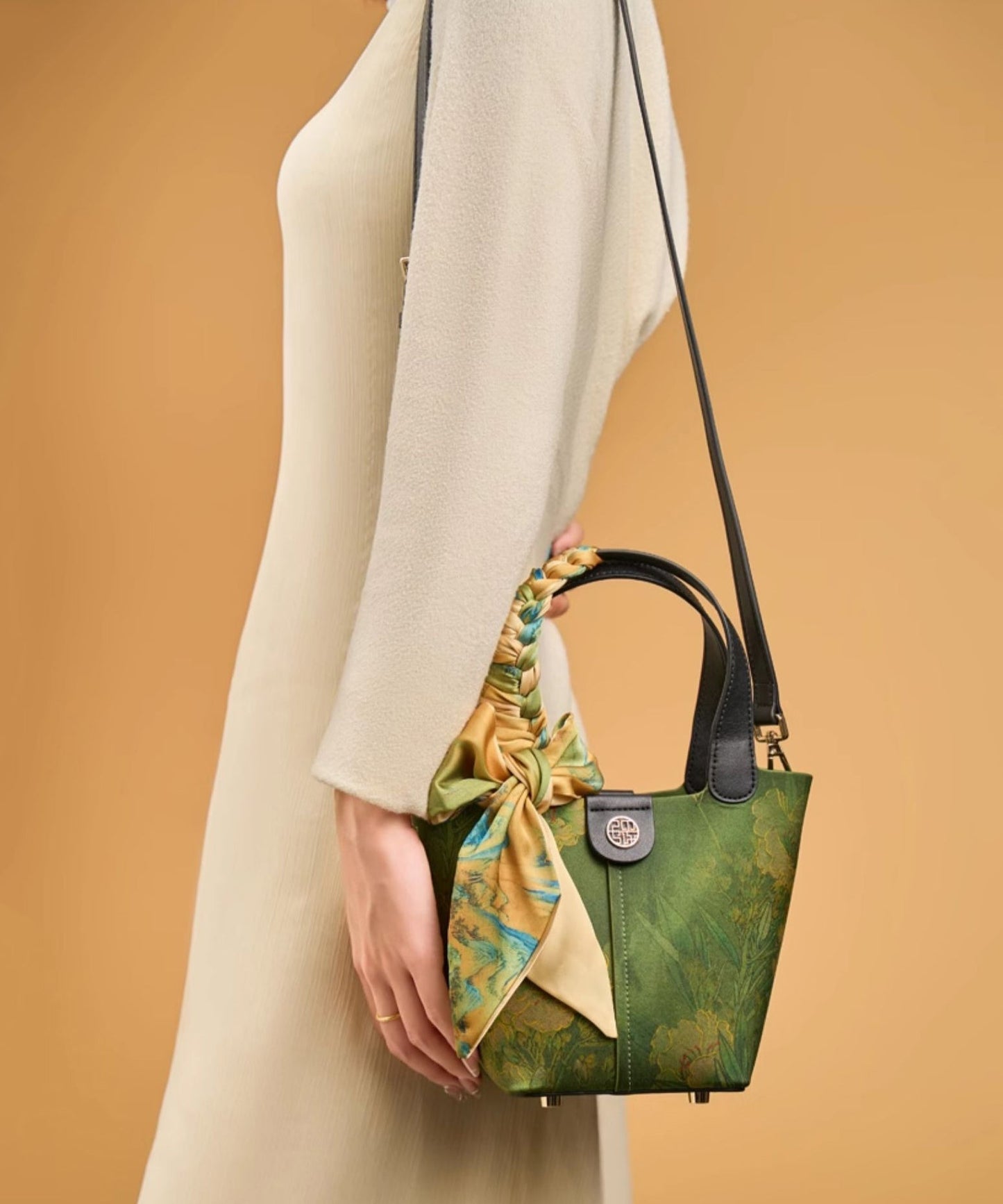 Chinese Silk Tote Print Green Handbag Style Versatile