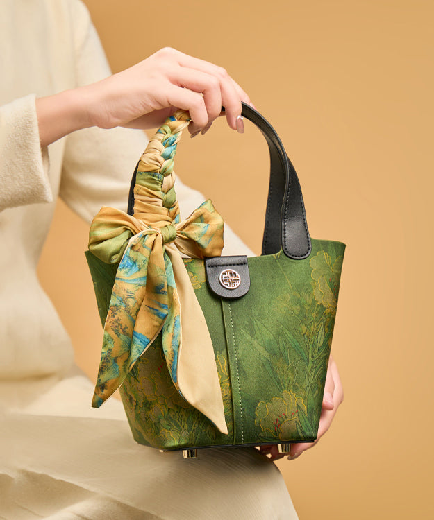 Chinese Silk Tote Print Green Handbag Style Versatile