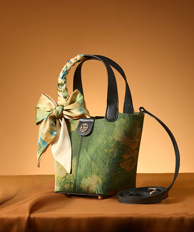 Chinese Silk Tote Print Green Handbag Style Versatile