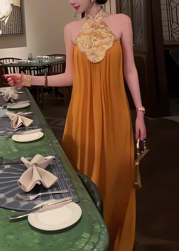 Collar Yellow Dress Chinese Stand Patchwork Long Summer Style