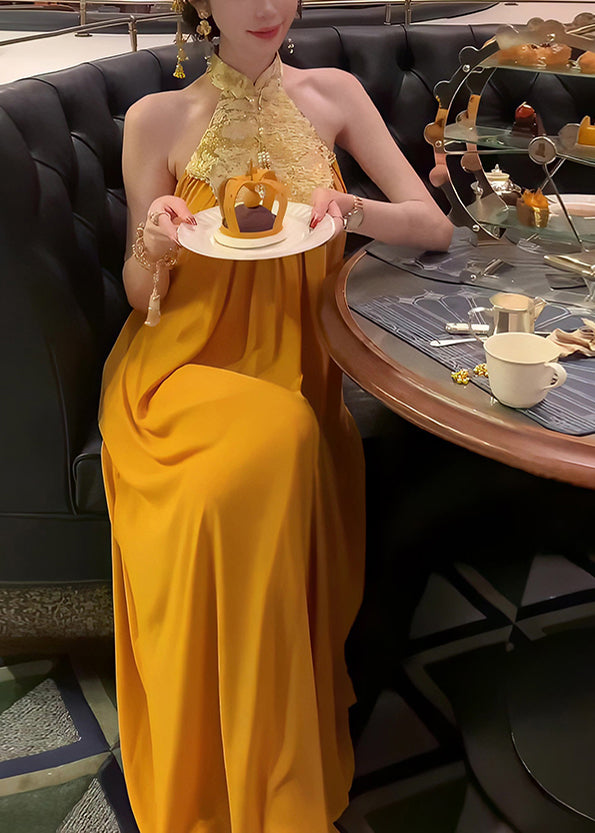 Collar Yellow Dress Chinese Stand Patchwork Long Summer Style