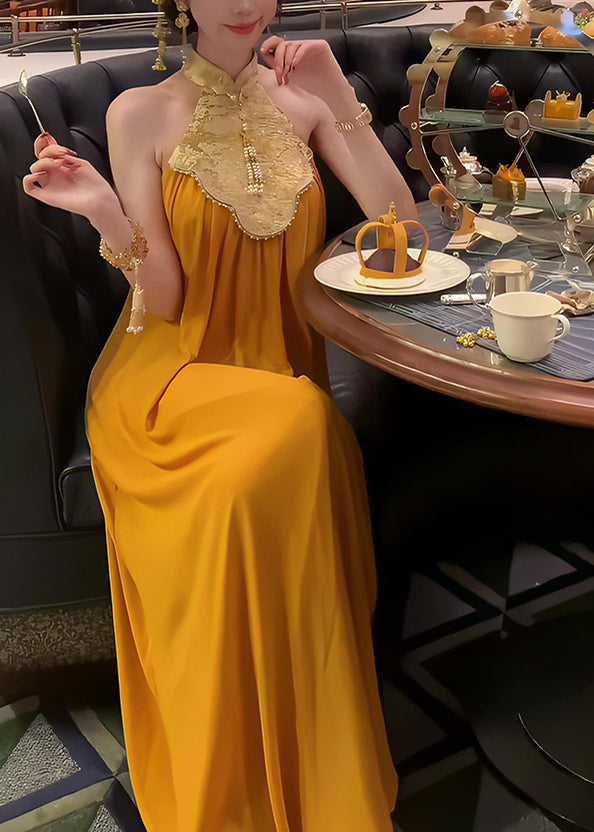 Collar Yellow Dress Chinese Stand Patchwork Long Summer Style