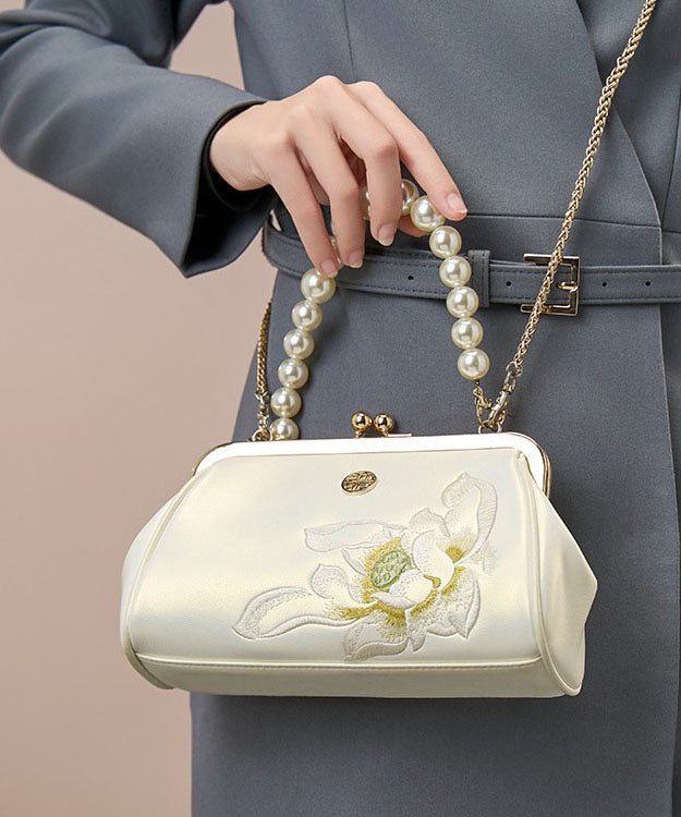 Pearl Embroidered White Chinese Cowhide Handbag Crossbody