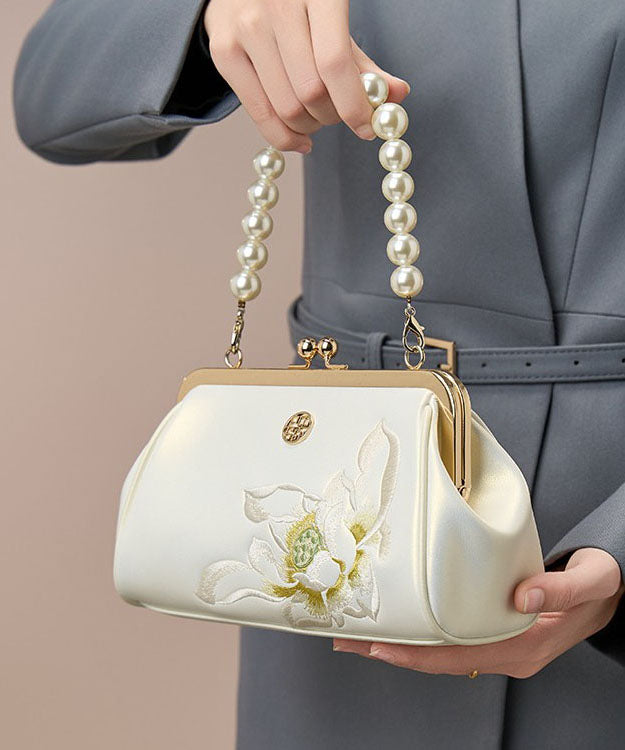 Pearl Embroidered White Chinese Cowhide Handbag Crossbody