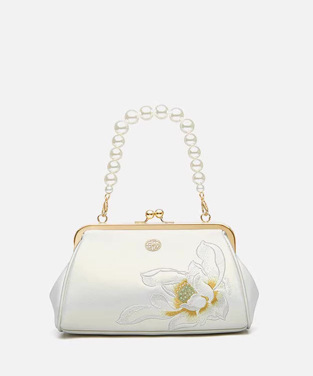 Pearl Embroidered White Chinese Cowhide Handbag Crossbody
