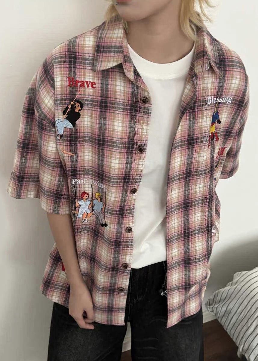 Plaid Button Print Half Men's Shirts Blue Cotton Classy Sleeve