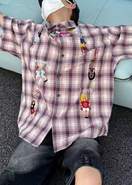 Plaid Button Print Half Men's Shirts Blue Cotton Classy Sleeve