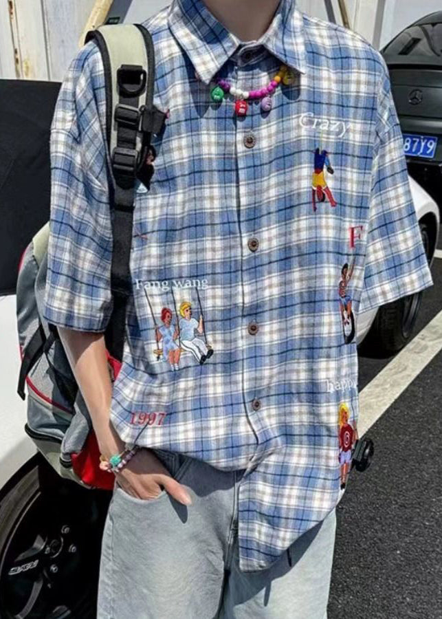 Plaid Button Print Half Men's Shirts Blue Cotton Classy Sleeve