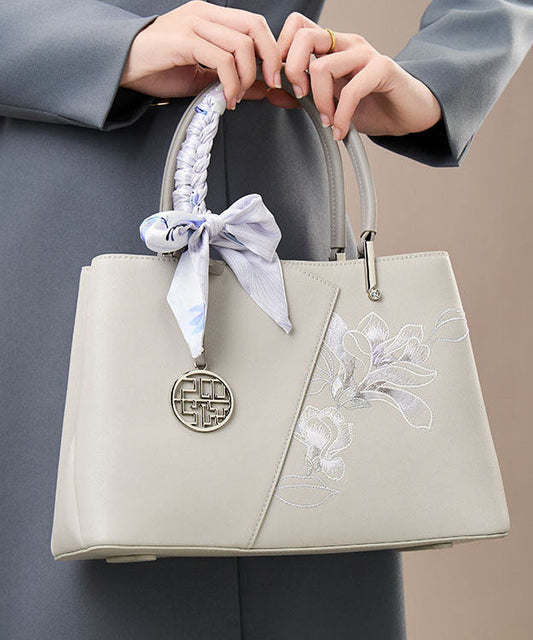Tote Leather Calf Grey Classy Bag Embroidery