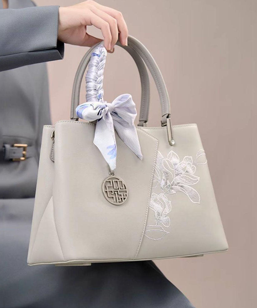 Tote Leather Calf Grey Classy Bag Embroidery