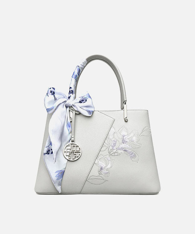 Tote Leather Calf Grey Classy Bag Embroidery