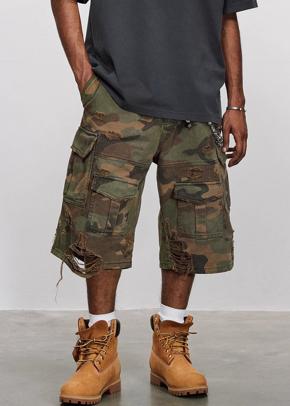 Crop Mens Cool Hole Pockets Pants Camouflage Summer Waist Cotton High