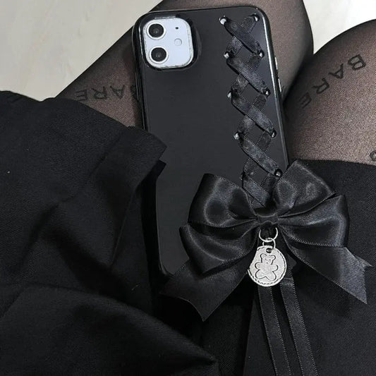 Kawaii Aesthetic Y2K Cute Fairy Coquete Lace Up Bow Black Phone Case ON1497 spreepickyshop