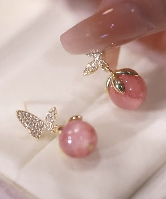 Stud Zircon Cat Earrings Pink Butterfly Alloy Cute Stone Eye