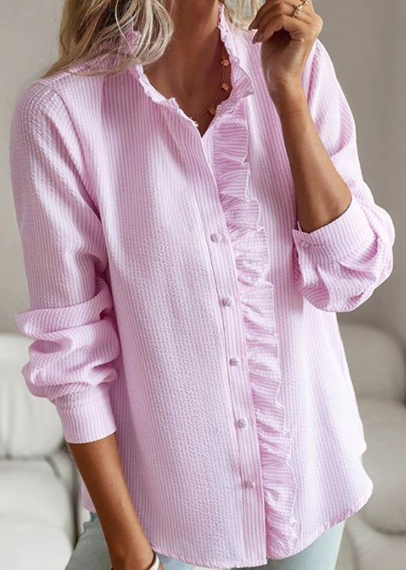 Button Stand Fall Pink Shirt Collar Cute