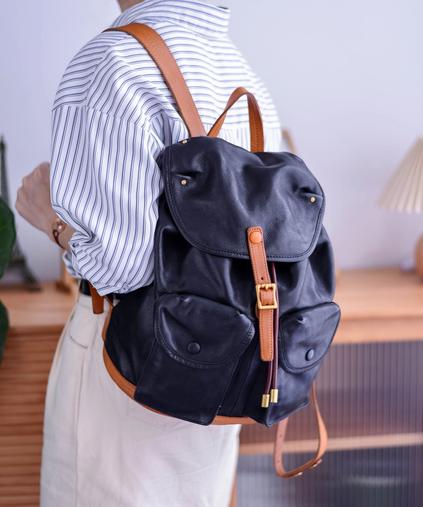 Bag Capacity DIY Leather Yellow Large Backpack Pockets