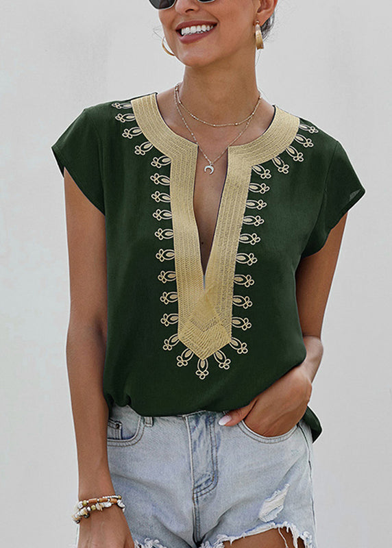 Shirts Patchwork Summer Neck Green V Elegant