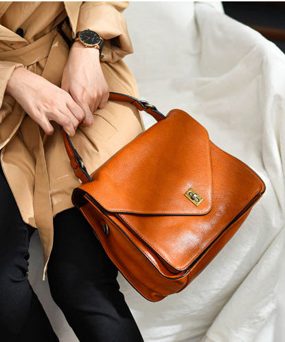 Orange Durable Elegant Solid Tote Leather Handbag