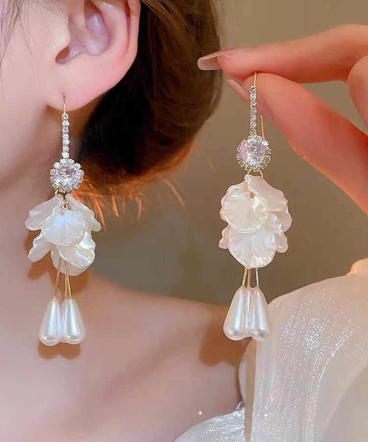 Drop Earrings White Elegant Pearl Copper Shell Acrylic Zircon Tassel