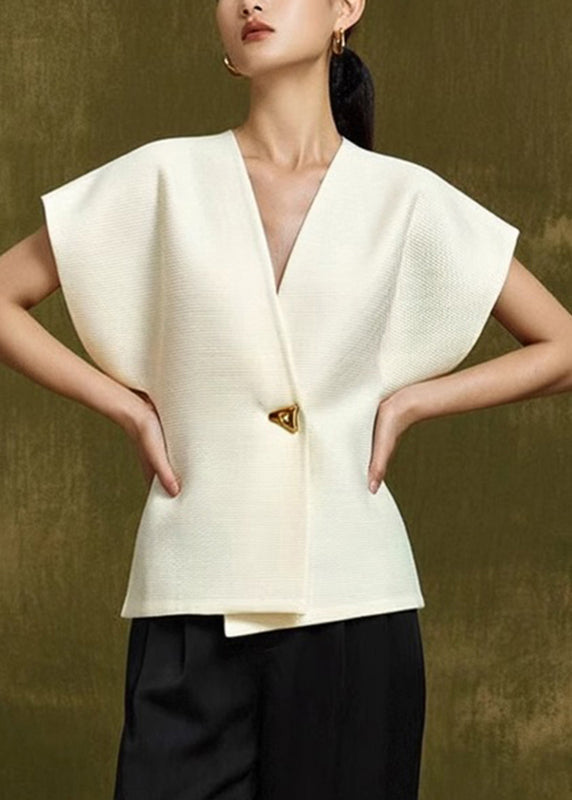 Elegant White Button Neck V Top Summer