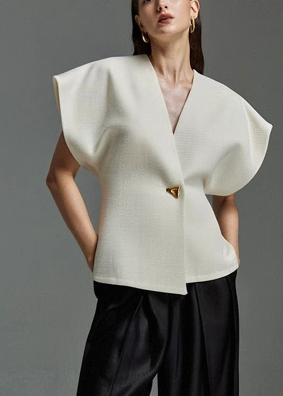 Elegant White Button Neck V Top Summer