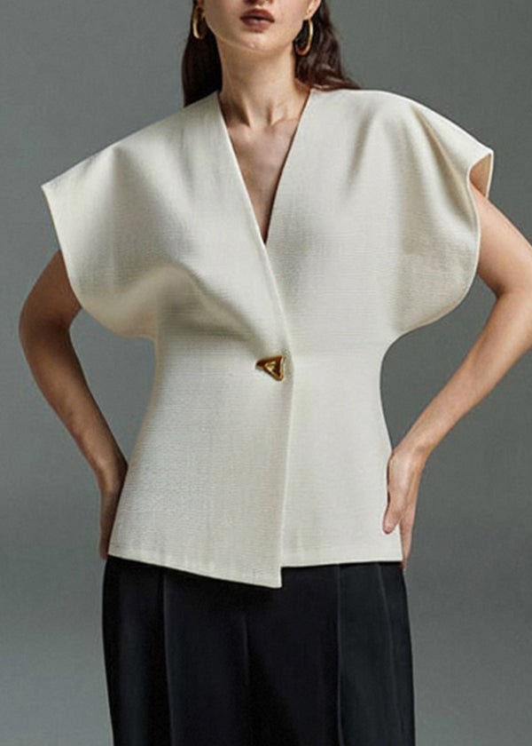 Elegant White Button Neck V Top Summer