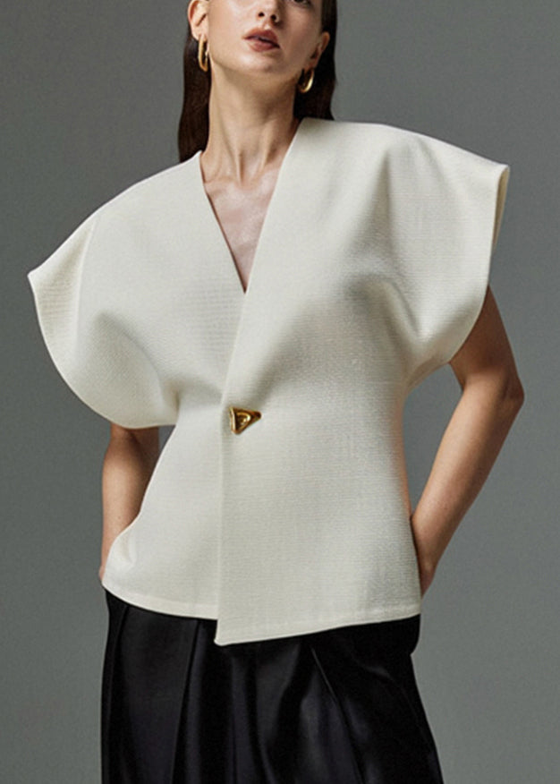 Elegant White Button Neck V Top Summer