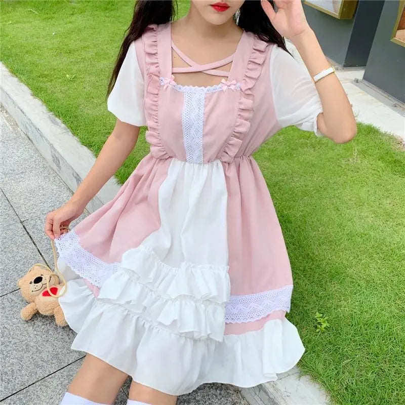 Robe Lolita princesse Kawaii rose à volants Eli Blossom à manches courtes