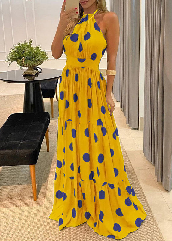 Green Backless Dress Sleeveless Halter Maxi Fashion Print Dot