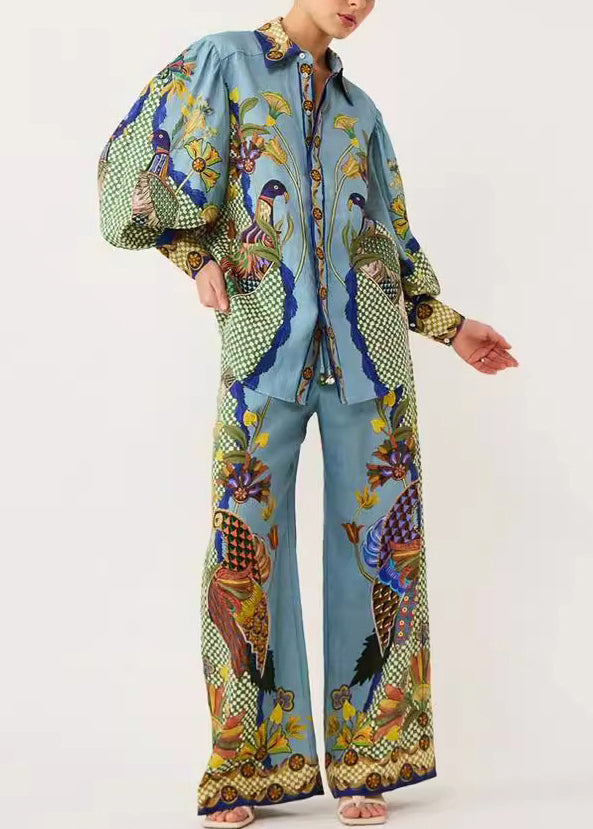 Green Fall Print Set Peter Pieces Pan And Shirts Wide Fashion Collar Pants Two Leg