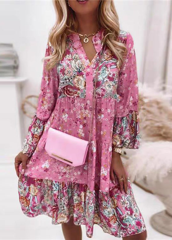 Fall Pink Neck Fashion Dresses Wrinkled Print V Mid