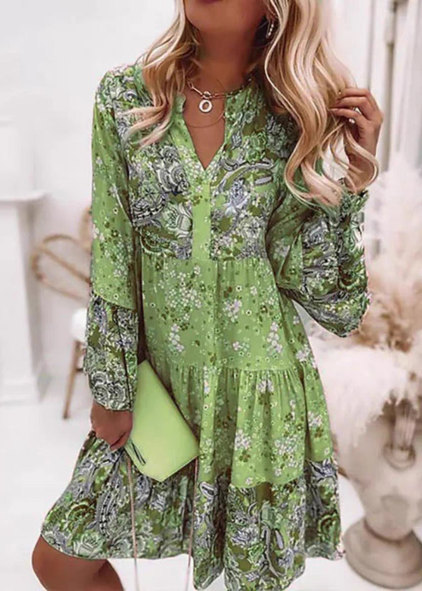 Fall Pink Neck Fashion Dresses Wrinkled Print V Mid