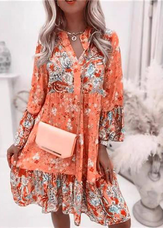 Fall Pink Neck Fashion Dresses Wrinkled Print V Mid