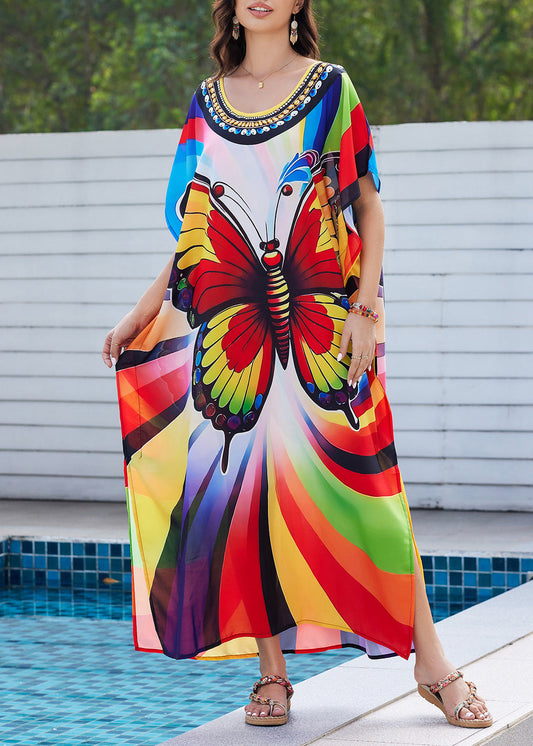 Fashion Rainbow Butterfly Maxi Print Open Dress Side Summer