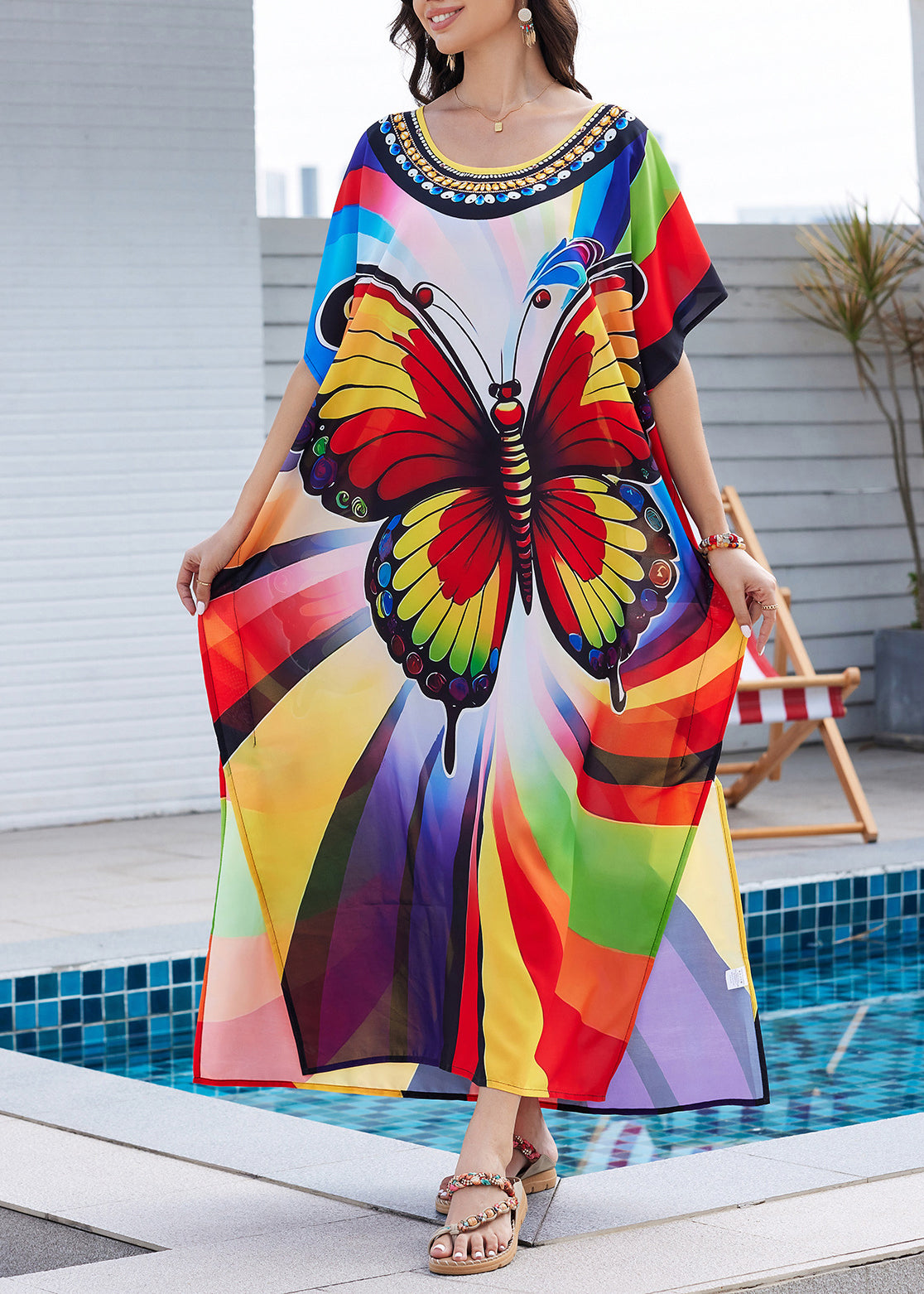 Fashion Rainbow Butterfly Maxi Print Open Dress Side Summer