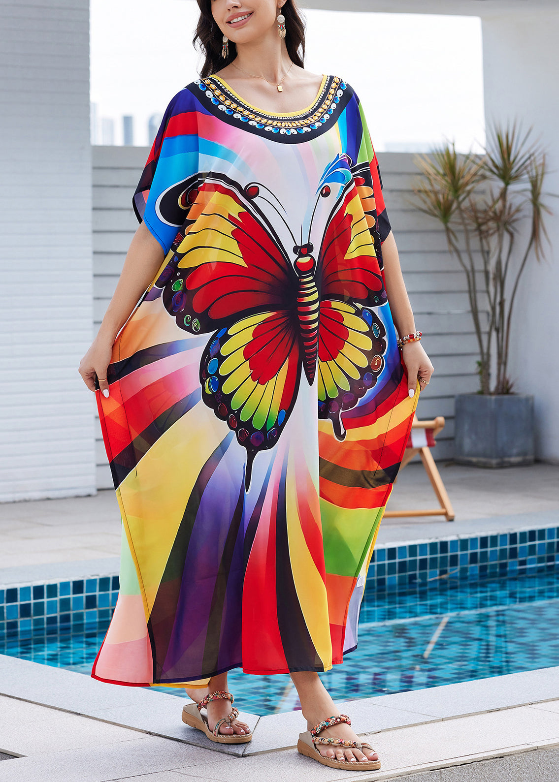 Fashion Rainbow Butterfly Maxi Print Open Dress Side Summer